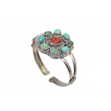 Bangle Bracelet Kada 925 Sterling Silver Turquoise Coral Gem Stone Engraved C206